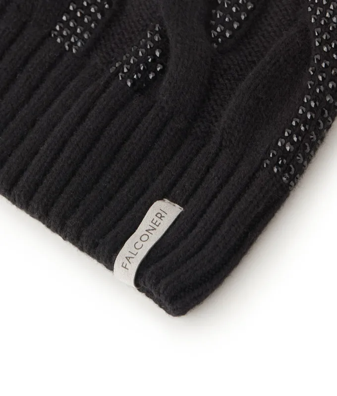 Berretto con trecce e strass in Cashmere Ultrasoft