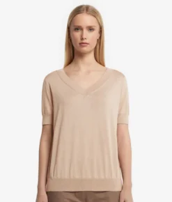 Maglia con Scollo a V a Maniche Corte in Seta Cotone