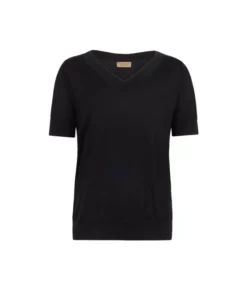 Maglia con Scollo a V a Maniche Corte in Seta Cotone