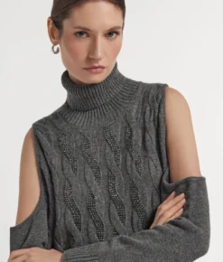 Maglia cut out con trecce e strass in Cashmere Ultrasoft