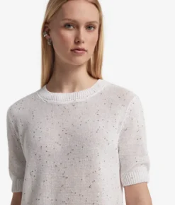 T-shirt girocollo con micro paillettes in lino cotone