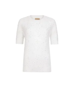 T-shirt girocollo con micro paillettes in lino cotone